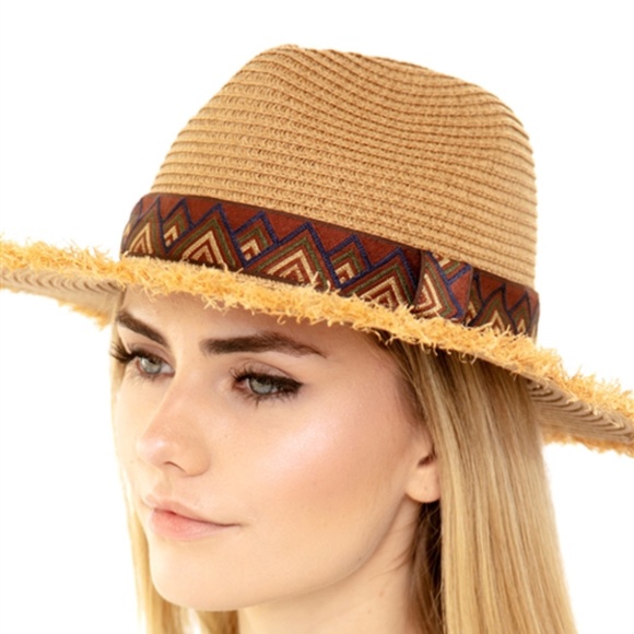 #67 FRAYED TRIM AZTEC STRAW HAT Aztec Black Bandana XL Wide Brim Bamboo Straw Summer hat  main image 3